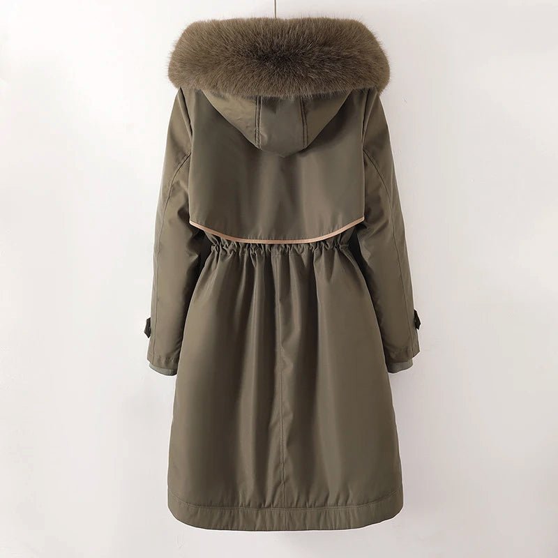 An olive green winter parka with a plush fur-trimmed hood, cozy lining, and adjustable waist, shown from the back