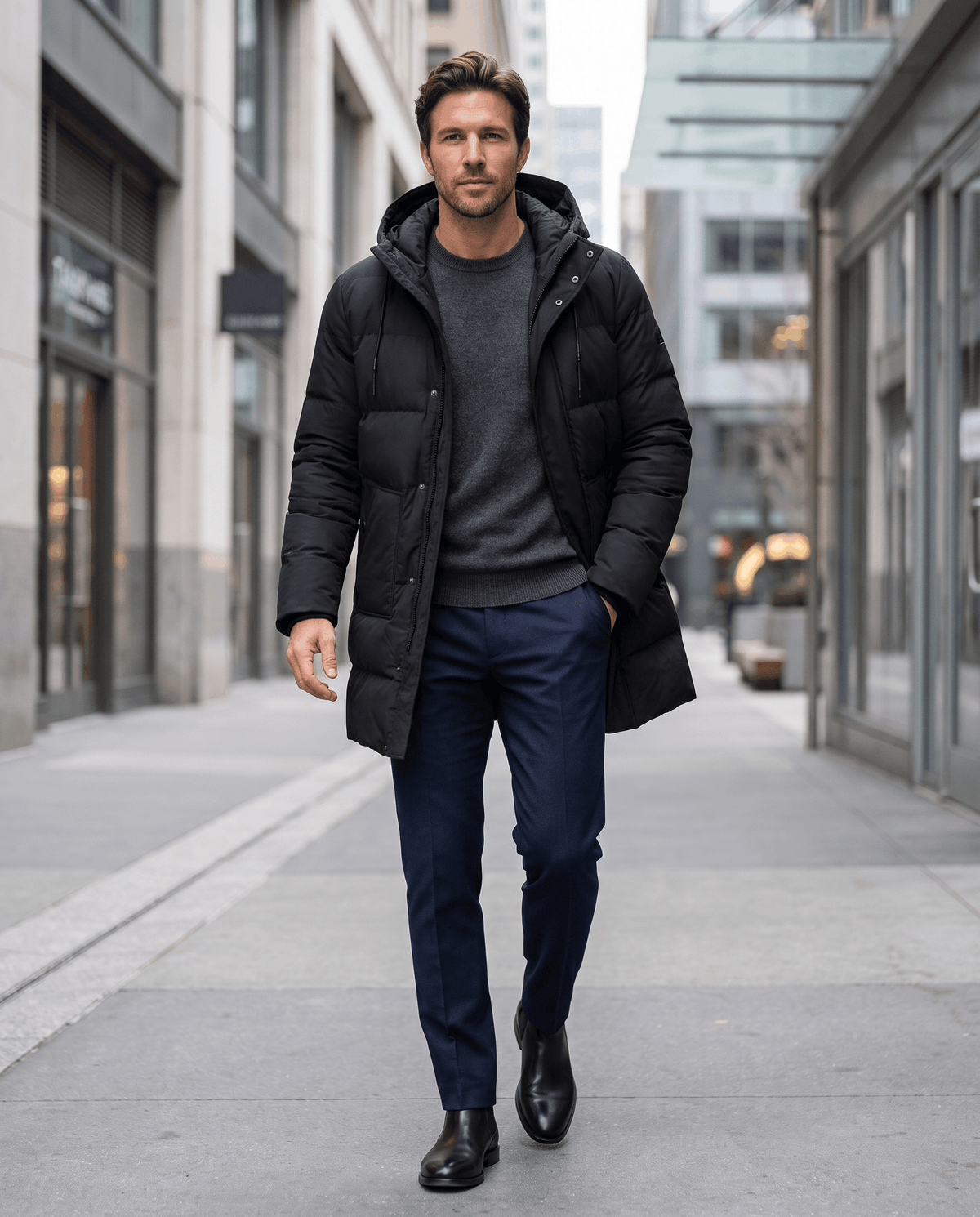 A man wearing a black hooded puffer parka jacket with a longline fit, walking on a city street