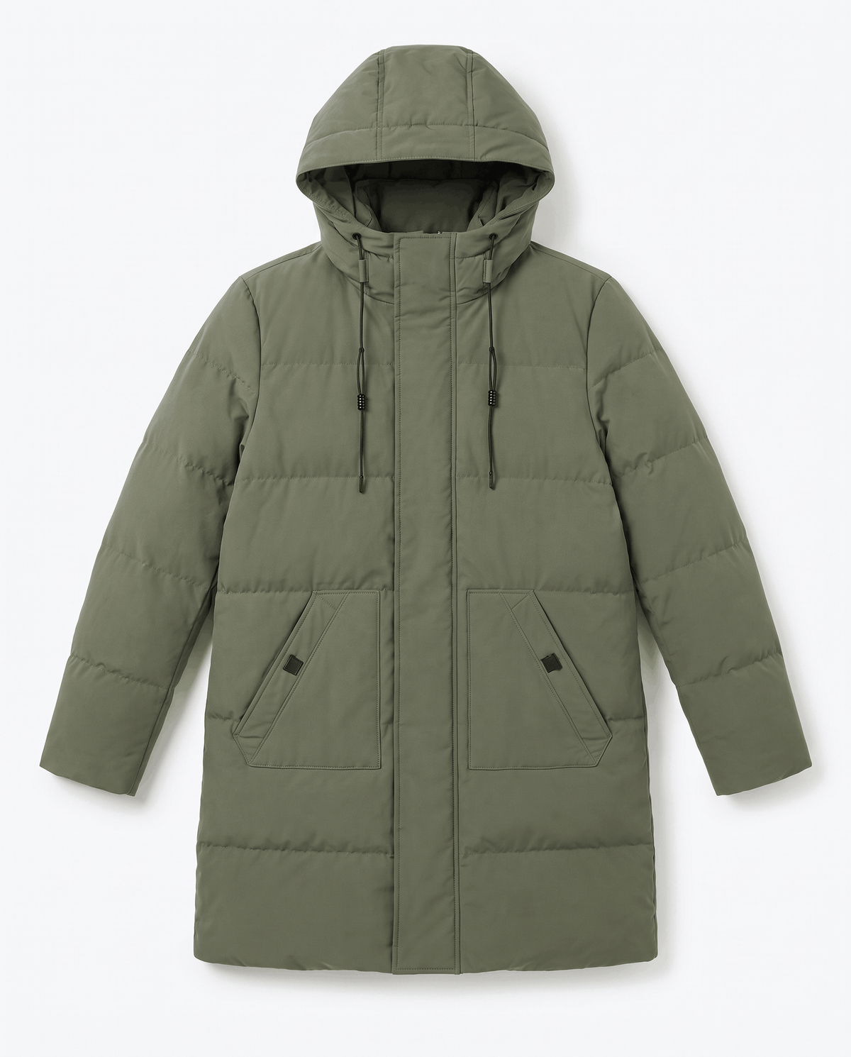 An olive green hooded puffer parka jacket with a longline fit, insulated quilting, and front zip closure, shown flat
