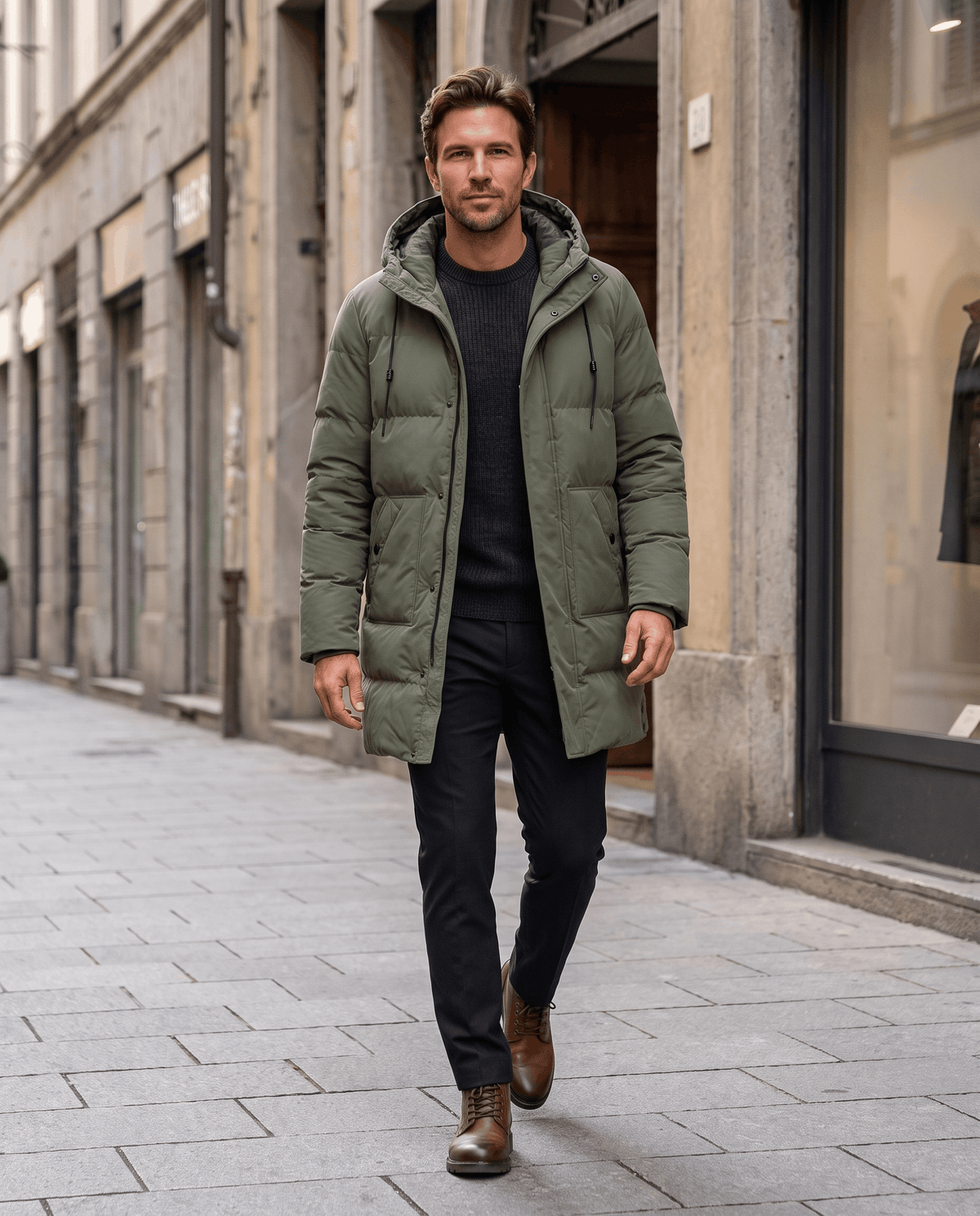 A man wearing an olive green hooded puffer parka jacket with a longline fit, walking on a city street