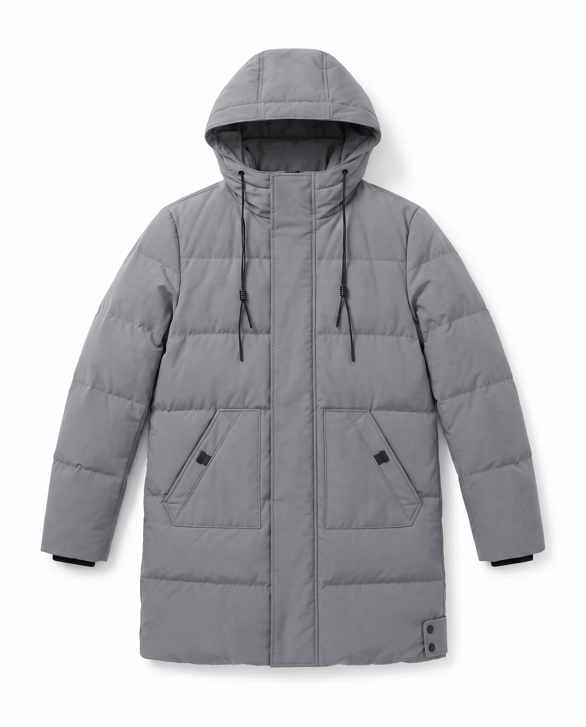 A gray hooded puffer parka jacket with a longline fit, insulated quilting, and front zip closure, shown flat