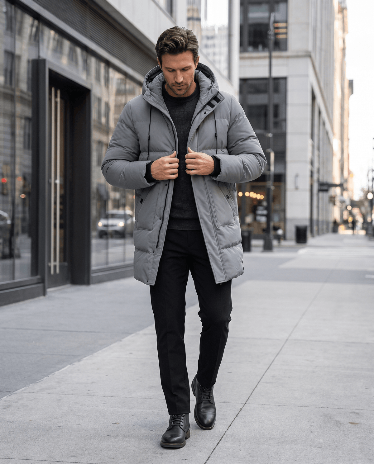 A man wearing a gray hooded puffer parka jacket with a longline fit, walking on a city street