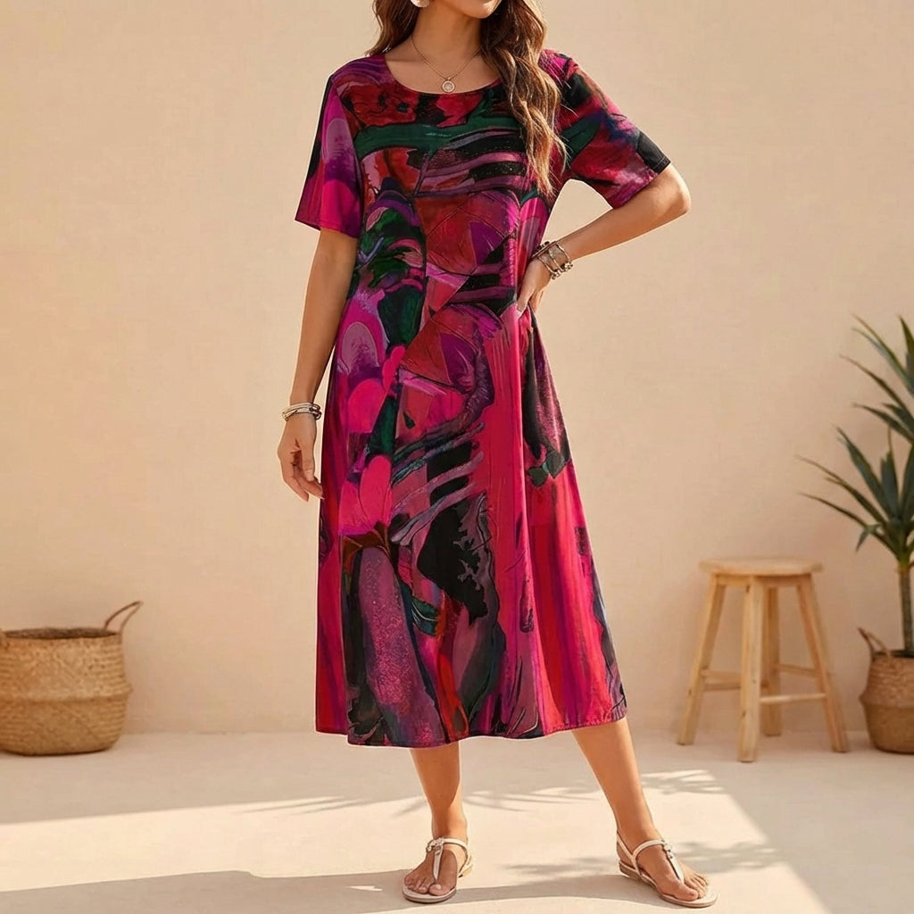Elodie Soft Breathable Midi Dress – Relaxed Artistic Print Summer Wear
