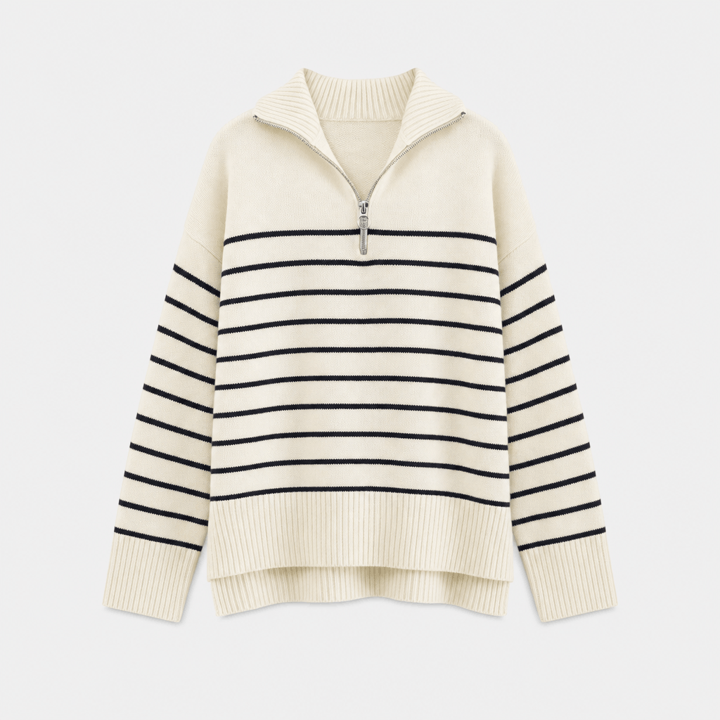 Front product view of the cream quarter-zip sweater with thin black horizontal stripes.