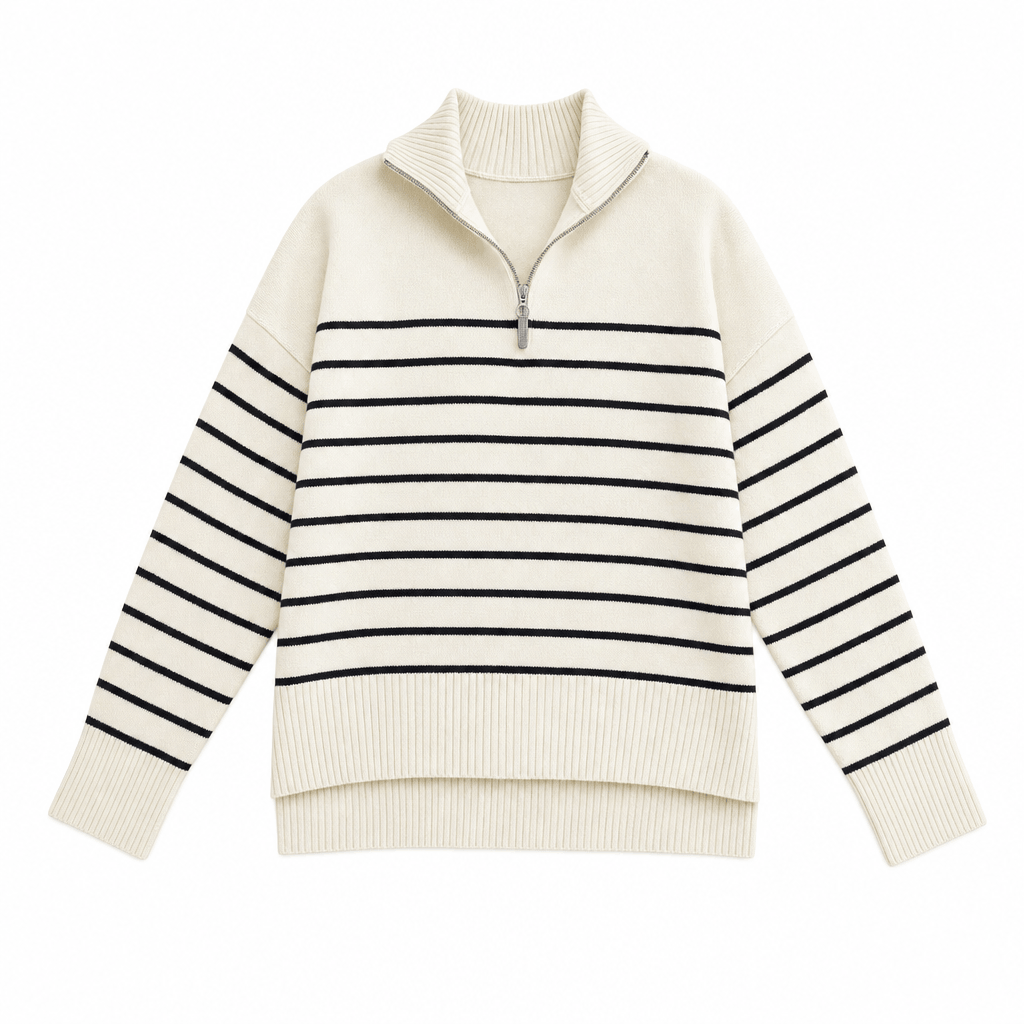 Back product view of the cream quarter-zip sweater, showing the striped back and sleeves.