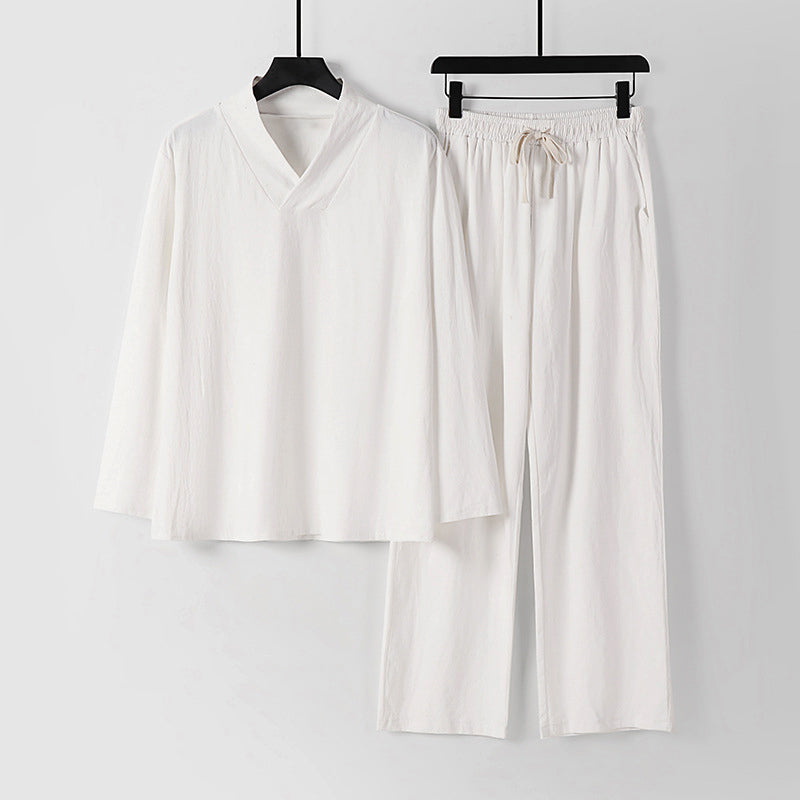Giancarlo Cotton Co-ord Set – V-Neck Lounge Top & Drawstring Pants for Warm-Weather Comfort