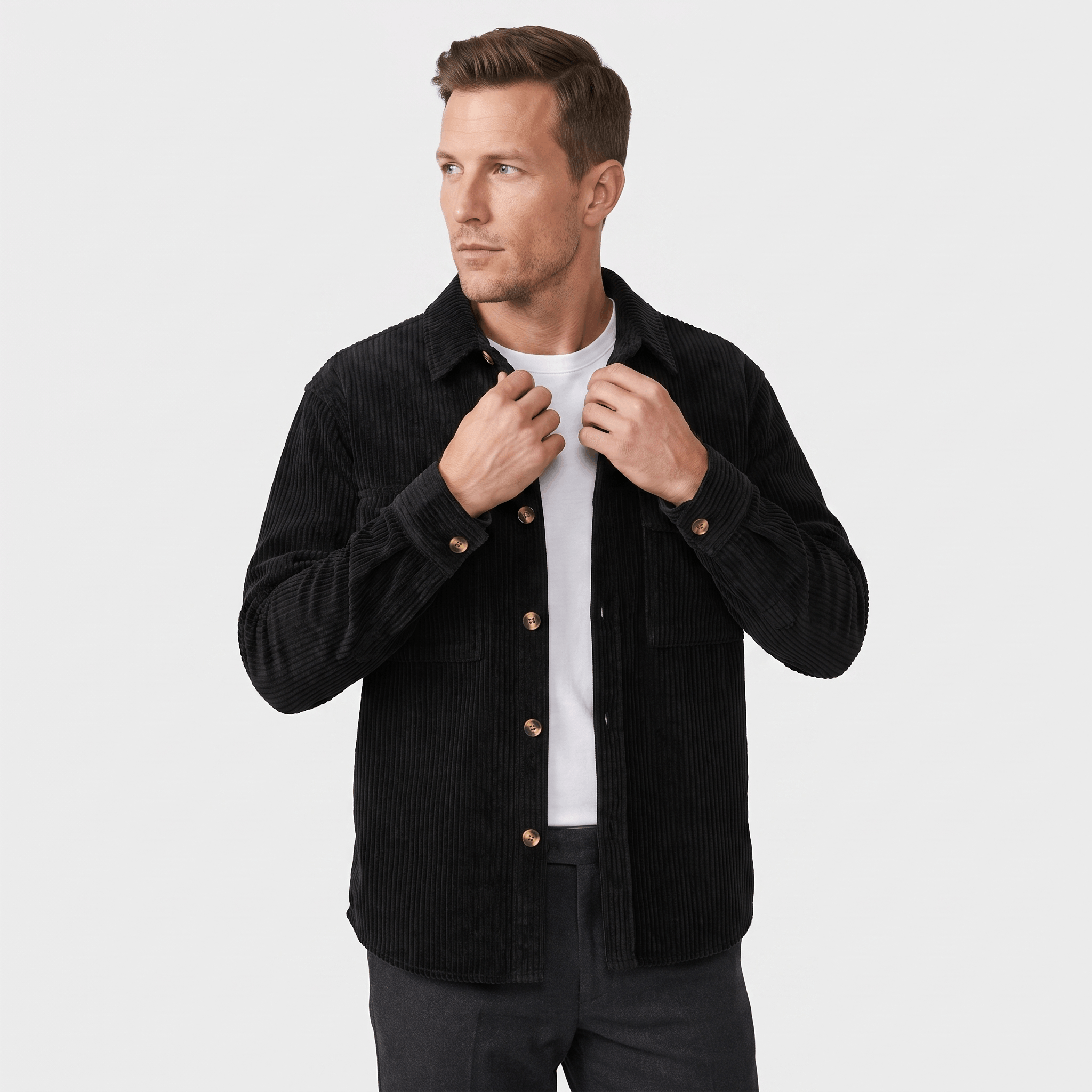 Black wide wale corduroy overshirt with chest pockets and a relaxed fit, worn open over a white crewneck t-shirt.