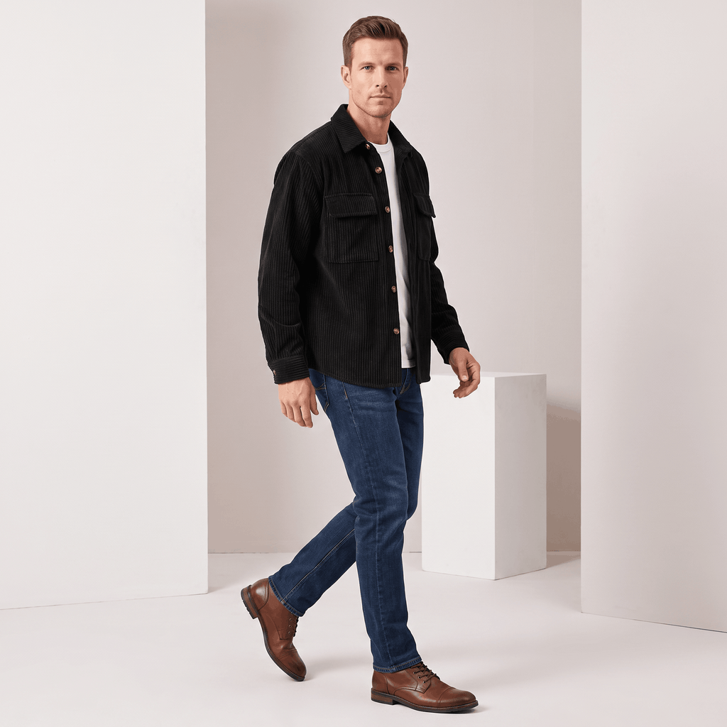 Black wide wale corduroy overshirt in a relaxed fit with buttoned chest pockets, worn open over a white tee and jeans.
