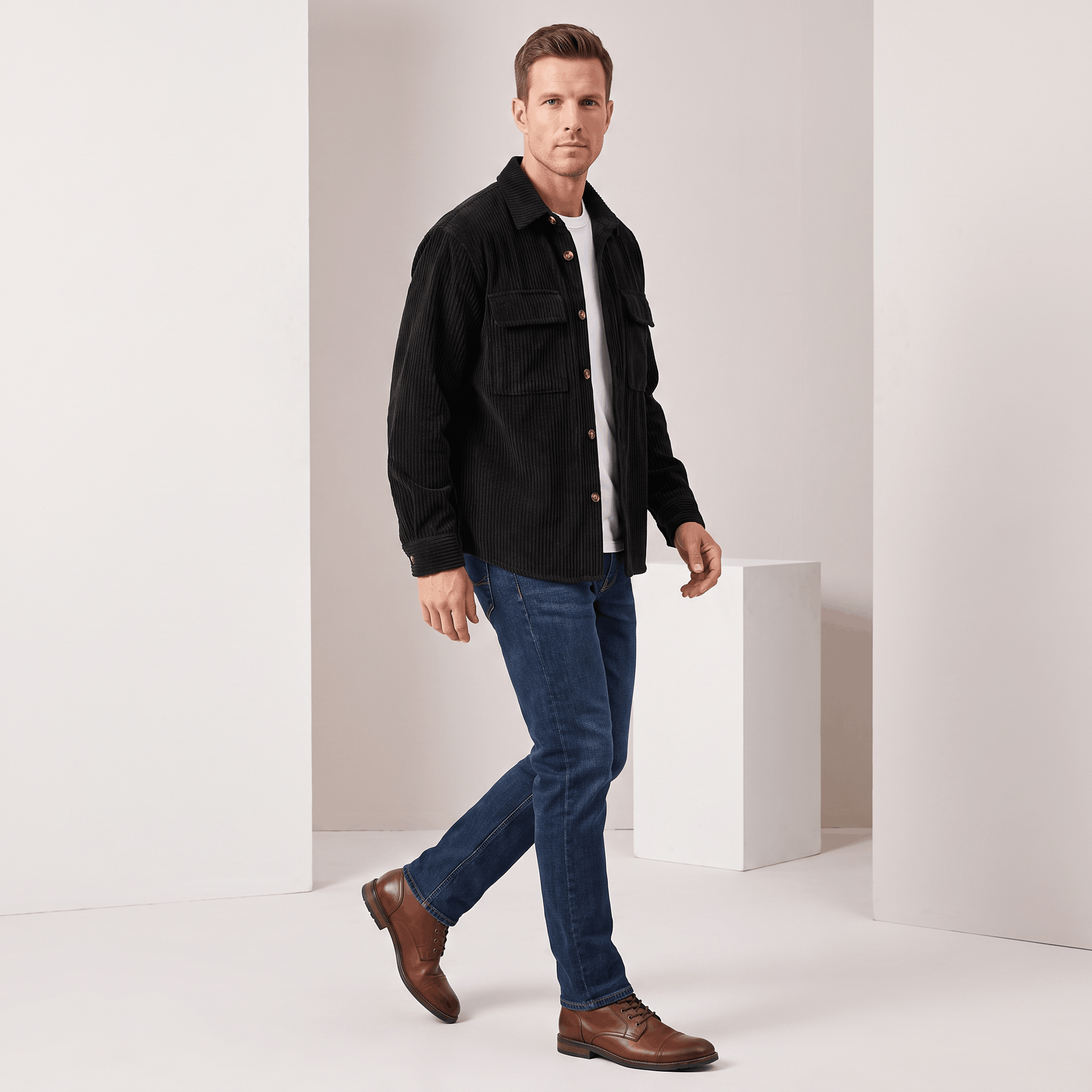 Black wide wale corduroy overshirt in a relaxed fit with buttoned chest pockets, worn open over a white tee and jeans.