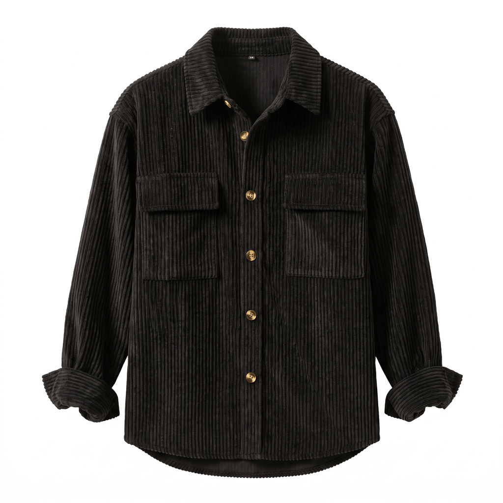 Black wide wale corduroy overshirt with a relaxed fit, button-up front, and two flap chest pockets.