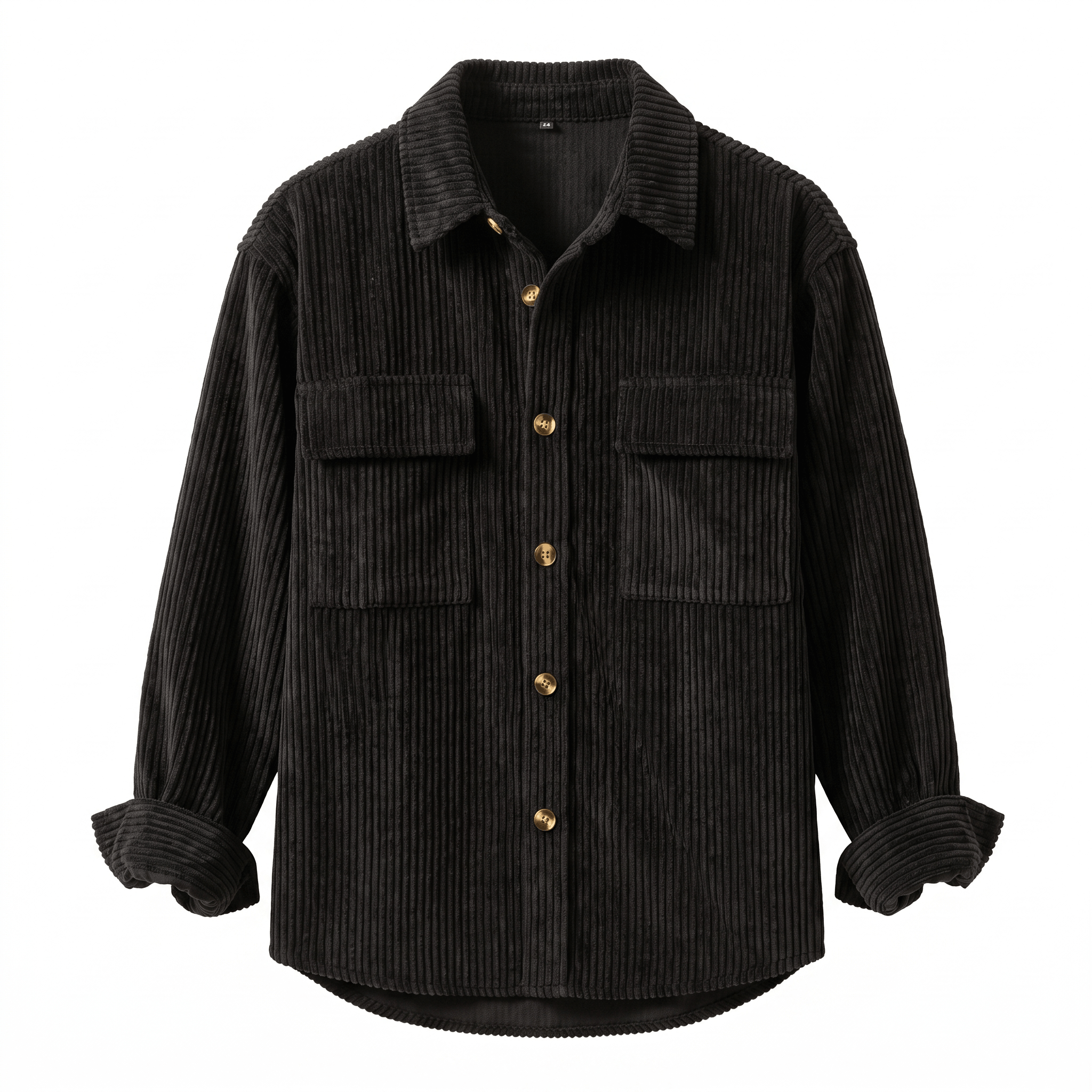 Black wide wale corduroy overshirt with a relaxed fit, button-up front, and two flap chest pockets.