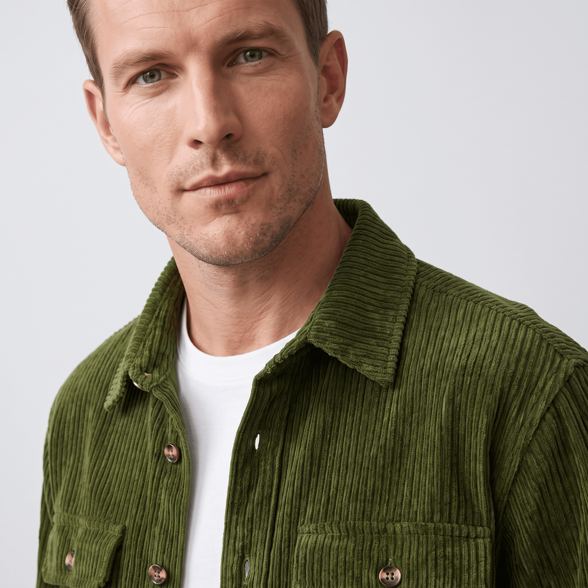 Olive green wide wale corduroy overshirt with buttoned chest pockets worn over a white t-shirt.
