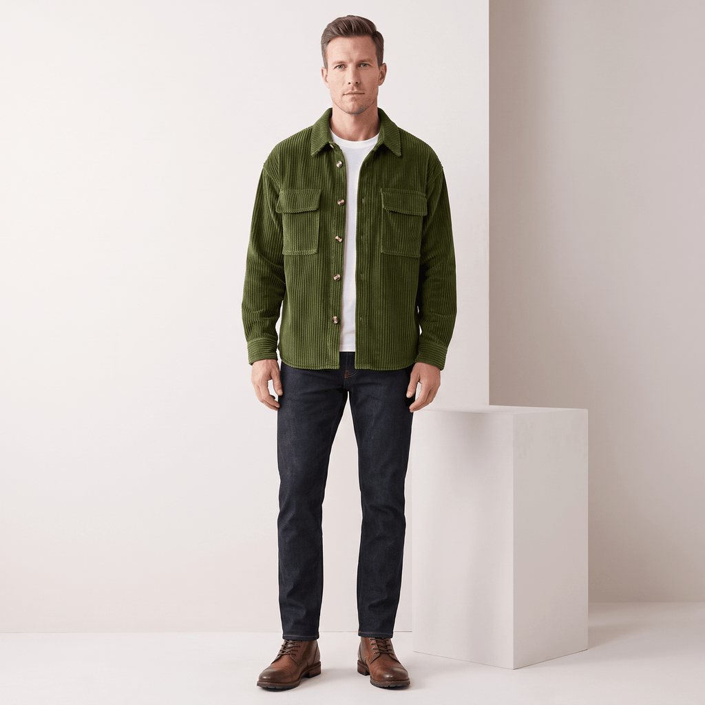 Olive green wide wale corduroy overshirt with buttoned chest pockets, worn open over a white tee and dark denim jeans.