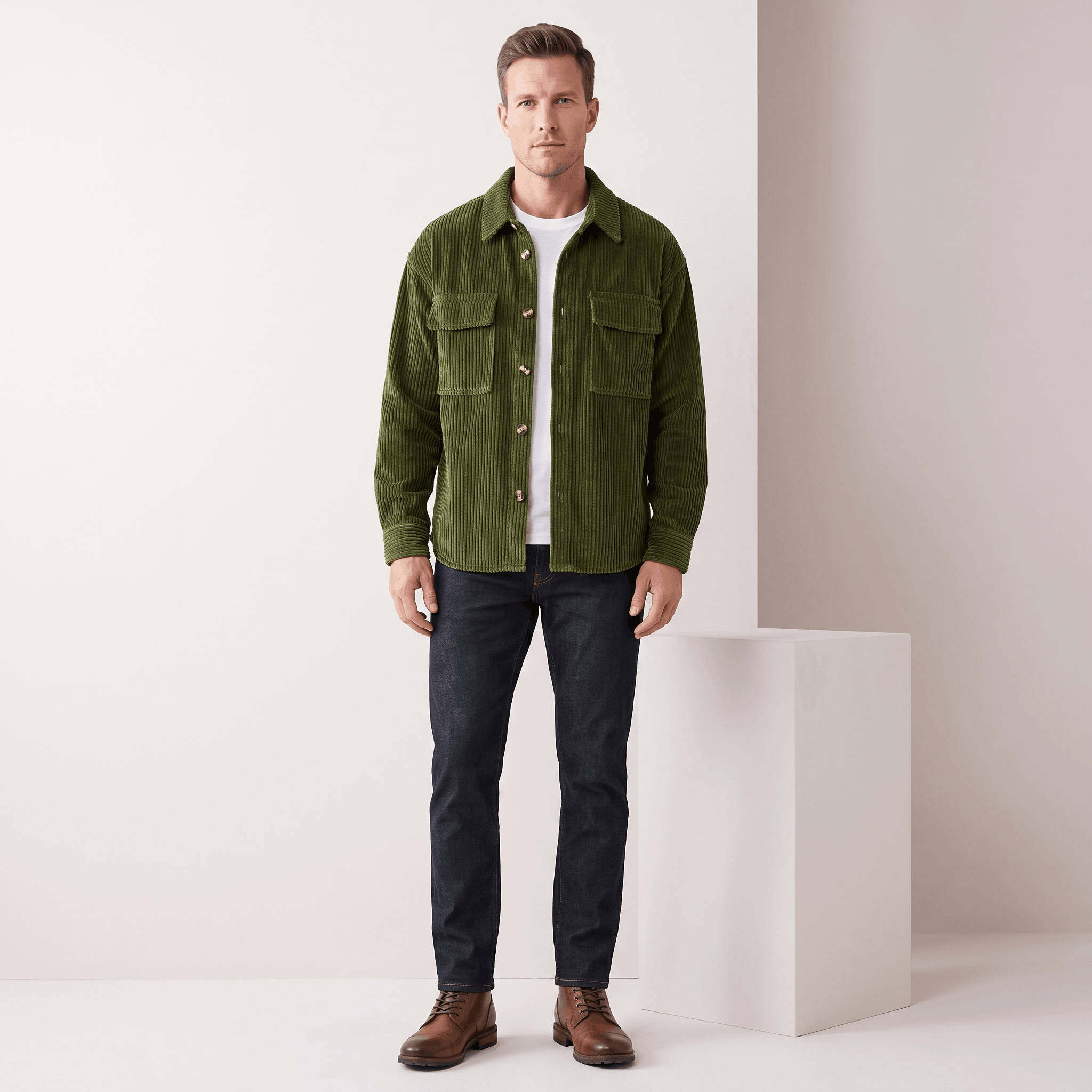 Olive green wide wale corduroy overshirt with buttoned chest pockets, worn open over a white tee and dark denim jeans.