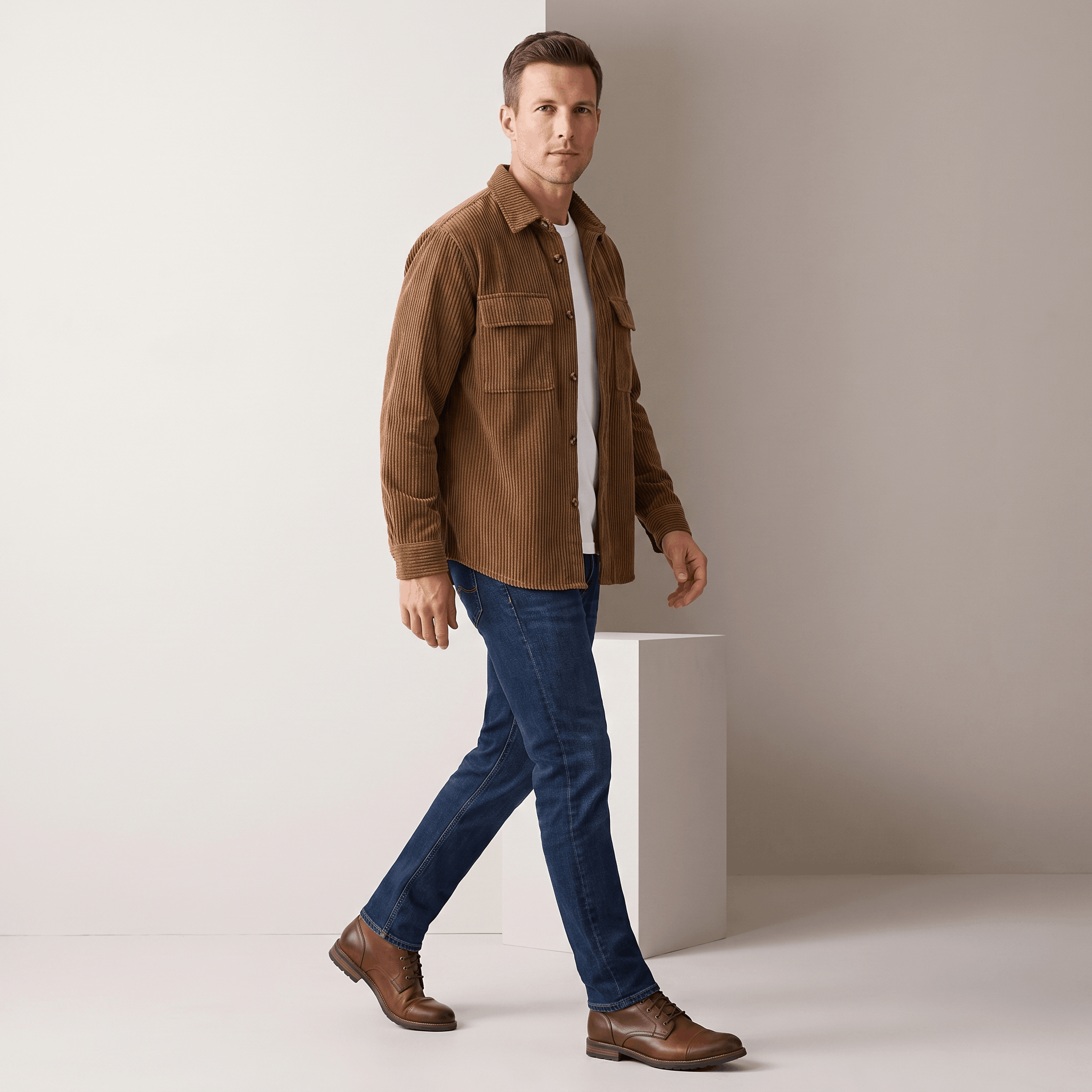 Brown wide wale corduroy overshirt with chest flap pockets worn open over a white tee and blue jeans.