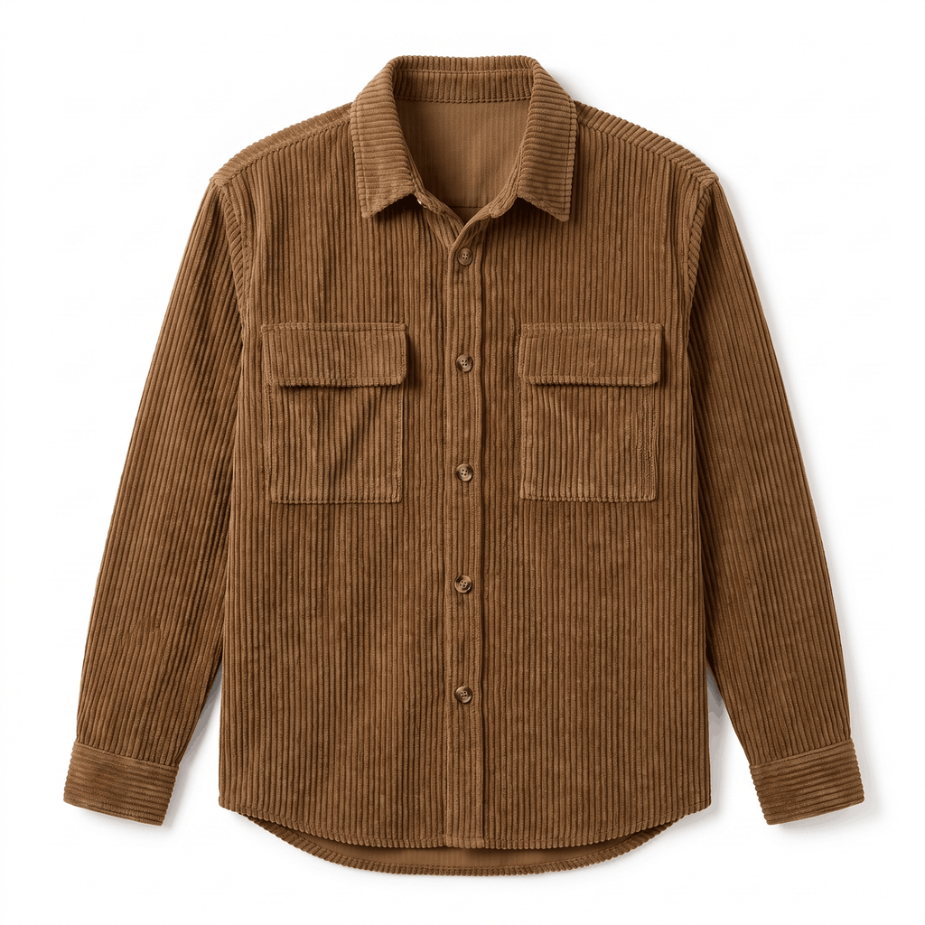 Brown wide wale corduroy overshirt with a relaxed fit, button-up front, and two flap chest pockets.
