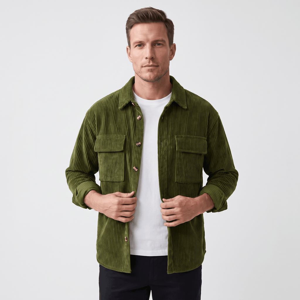 Olive green wide wale corduroy overshirt with flap chest pockets, worn open over a white tee in a relaxed fit.