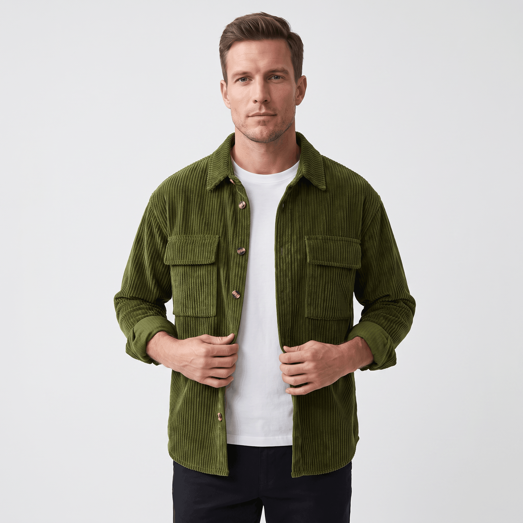 Olive green wide wale corduroy overshirt with flap chest pockets, worn open over a white tee in a relaxed fit.