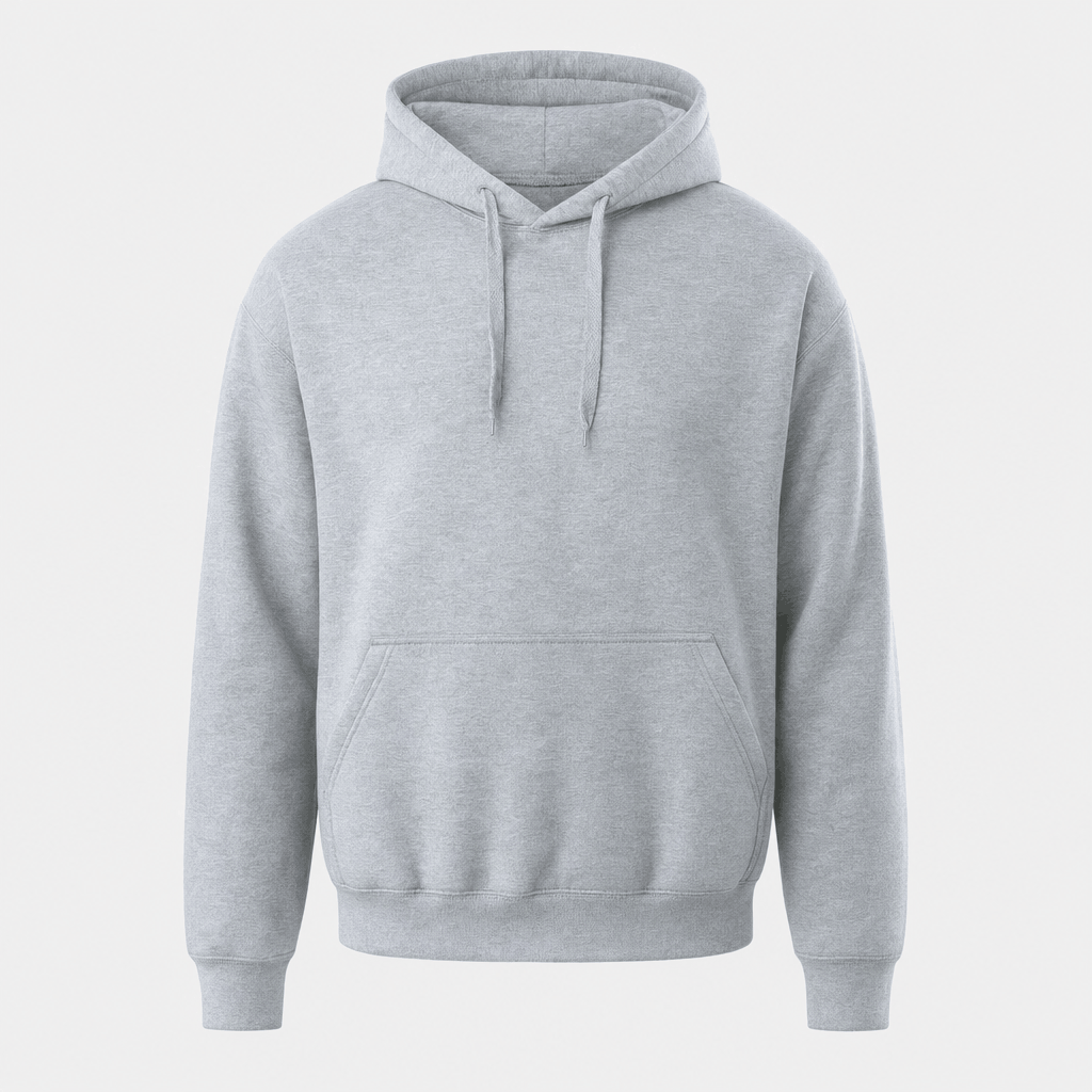 Light gray pullover hoodie with drawstrings, long sleeves, and a kangaroo pocket.