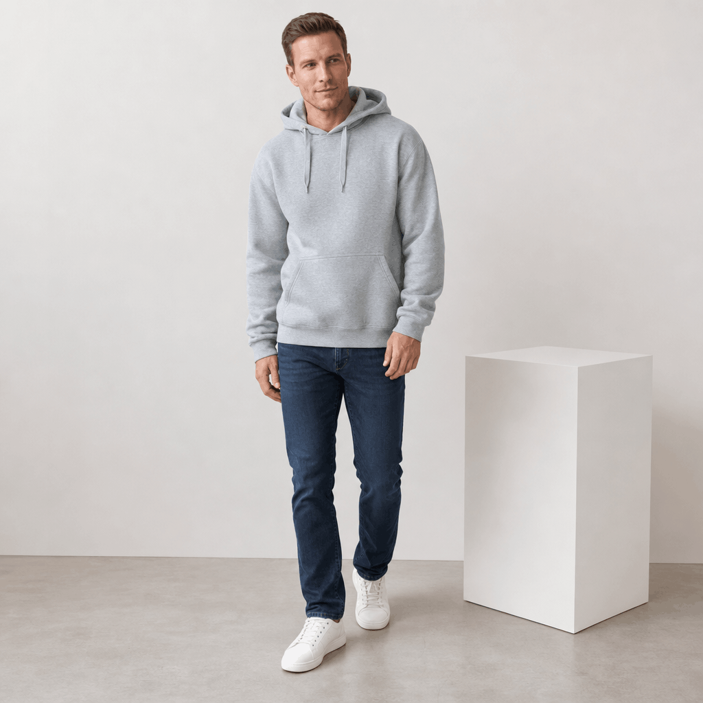 Male model wearing the light gray pullover hoodie with dark pants and white sneakers.