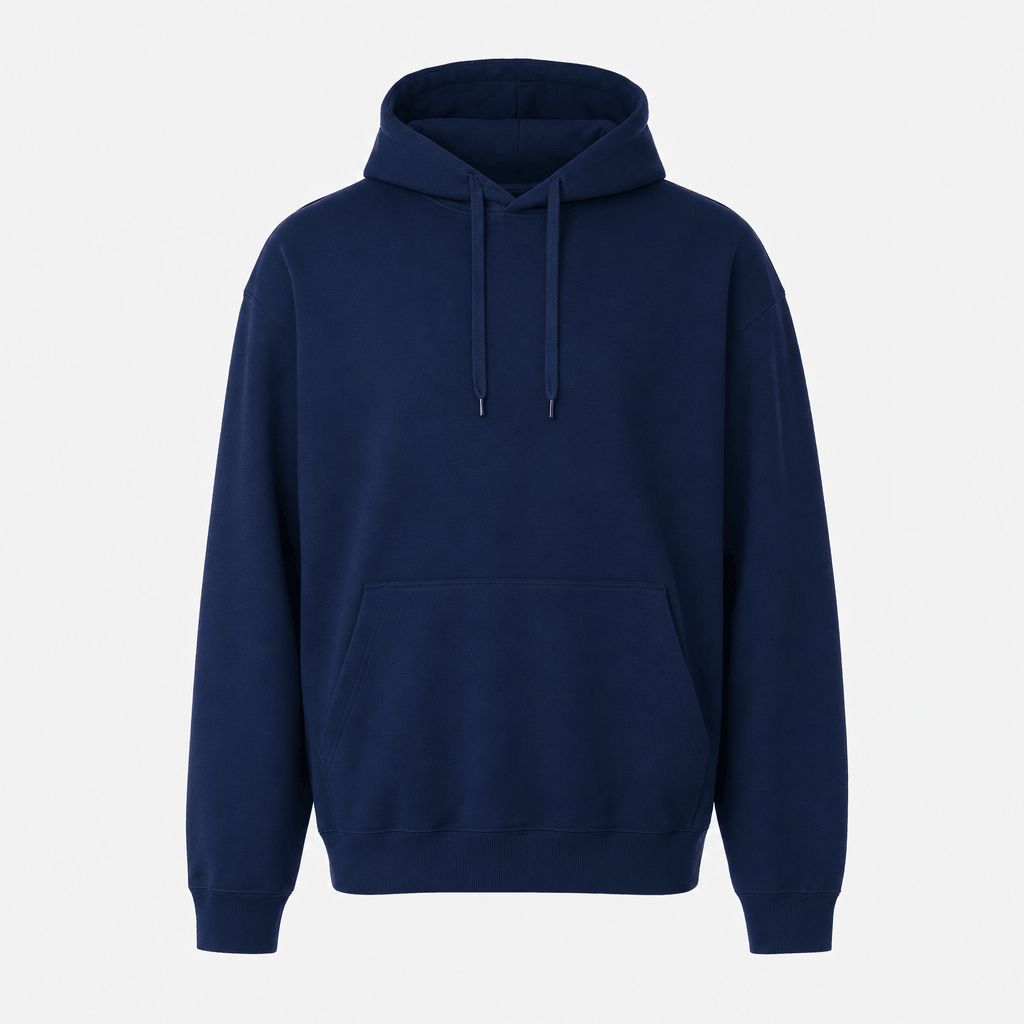 Navy blue pullover hoodie with drawstrings, long sleeves, and a kangaroo pocket.