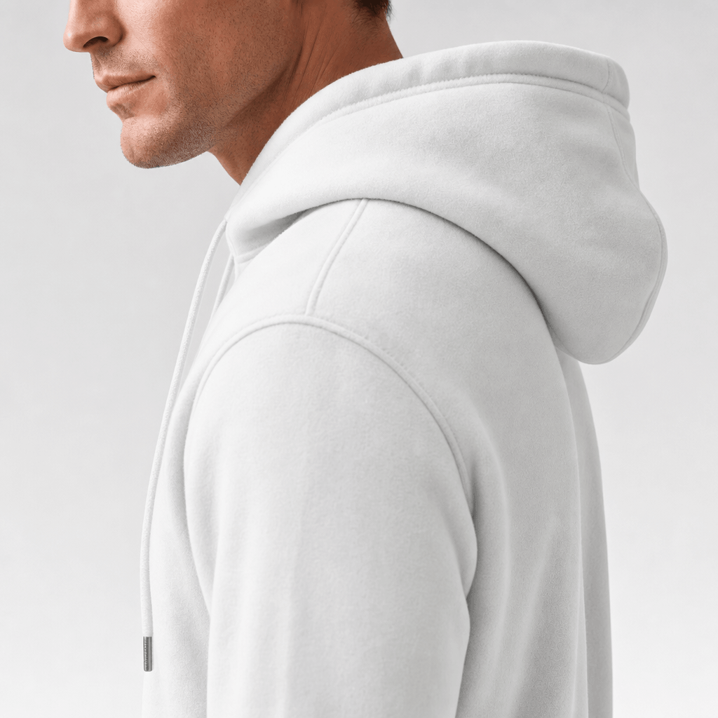 Close-up side and back view of the white hoodie, highlighting the hood and shoulder.