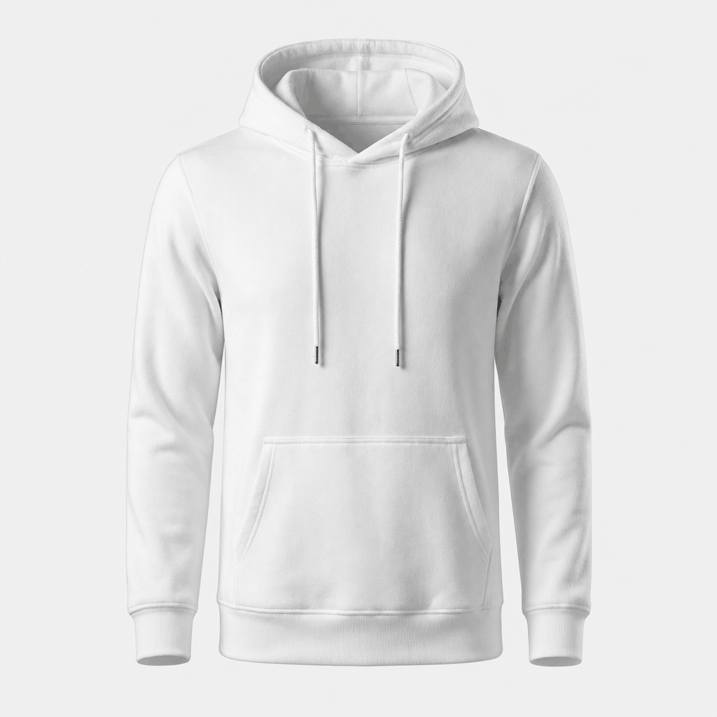 White pullover hoodie with drawstrings, long sleeves, and a kangaroo pocket.