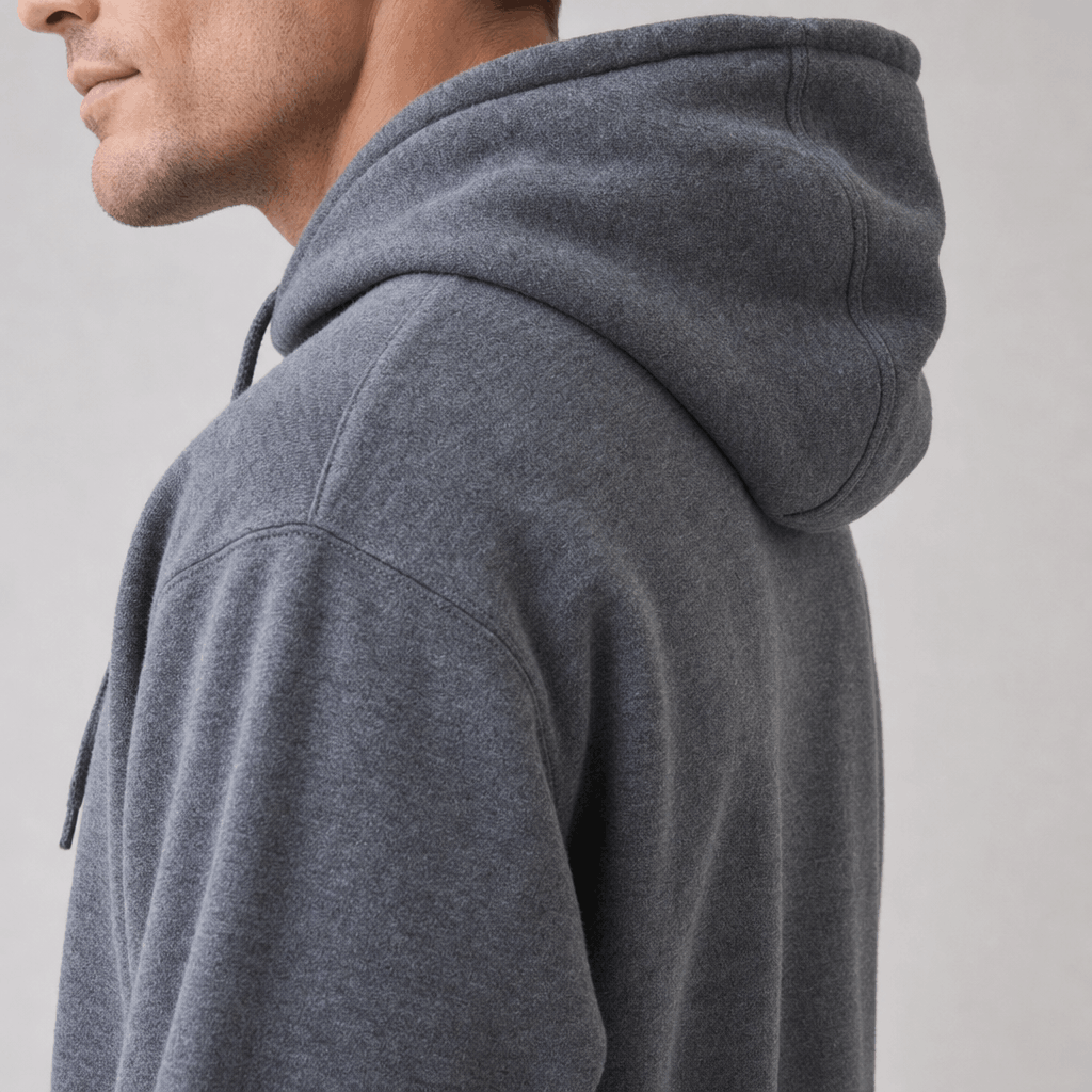 Close-up side and back view of the charcoal gray hoodie, highlighting the hood and textured fabric.