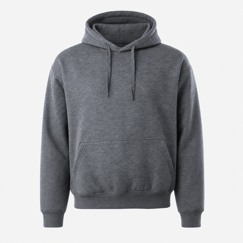 Charcoal gray pullover hoodie with drawstrings, long sleeves, and a kangaroo pocket.