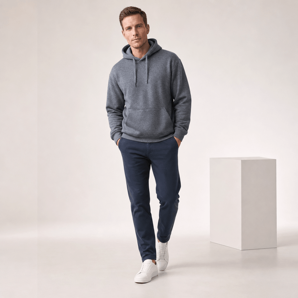 Male model wearing the charcoal gray pullover hoodie with dark jeans.