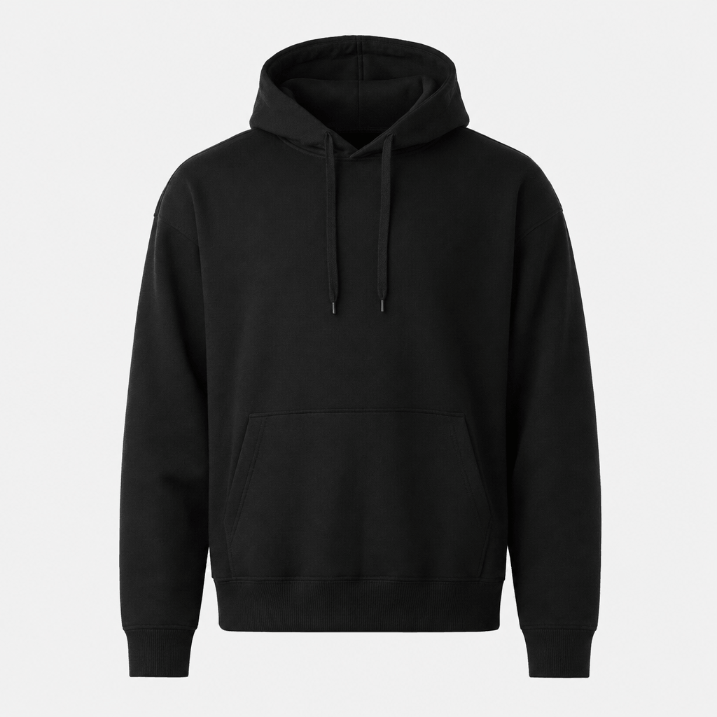 Black pullover hoodie with drawstrings, long sleeves, and a kangaroo pocket.