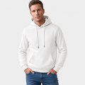 Male model wearing a white pullover hoodie with drawstrings and a kangaroo pocket.