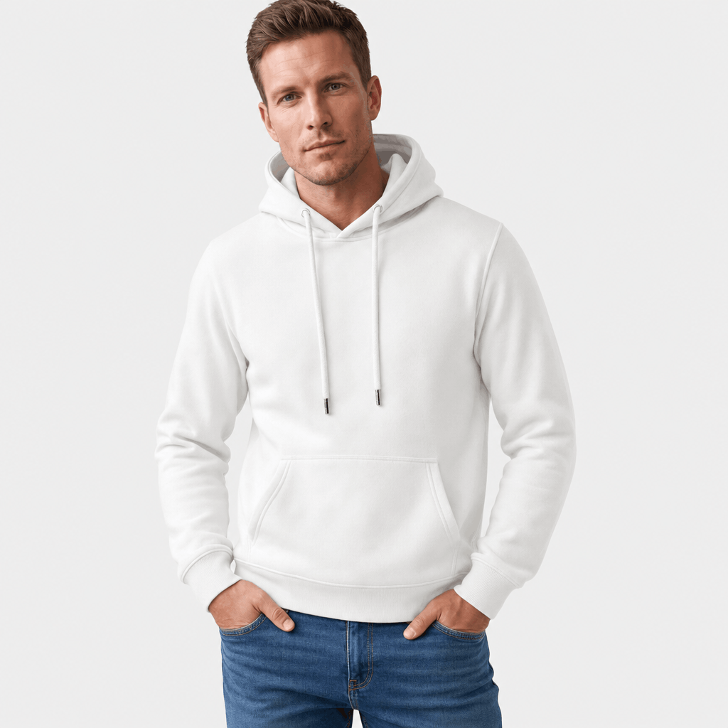 Male model wearing a white pullover hoodie with drawstrings and a kangaroo pocket.