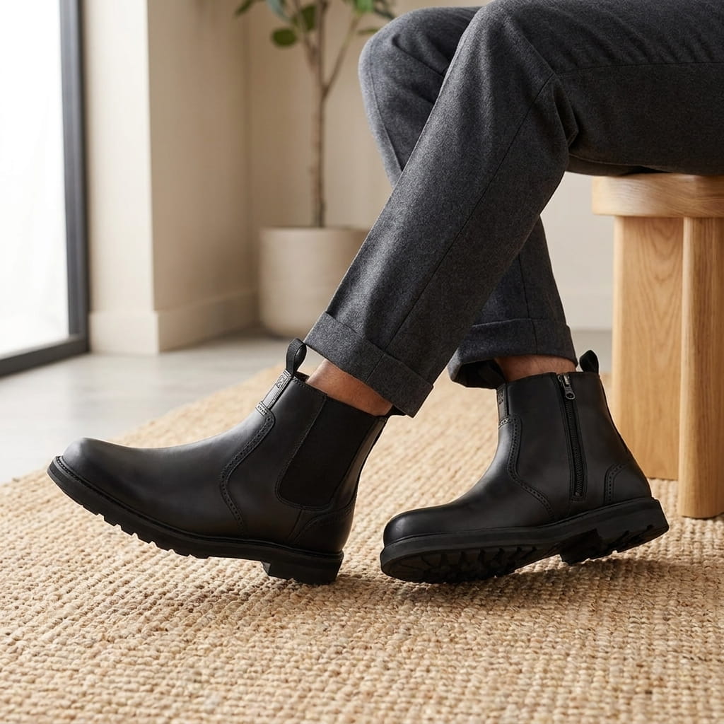 Person wearing black Chelsea boots while seated, showing the side profile and ankle fit.