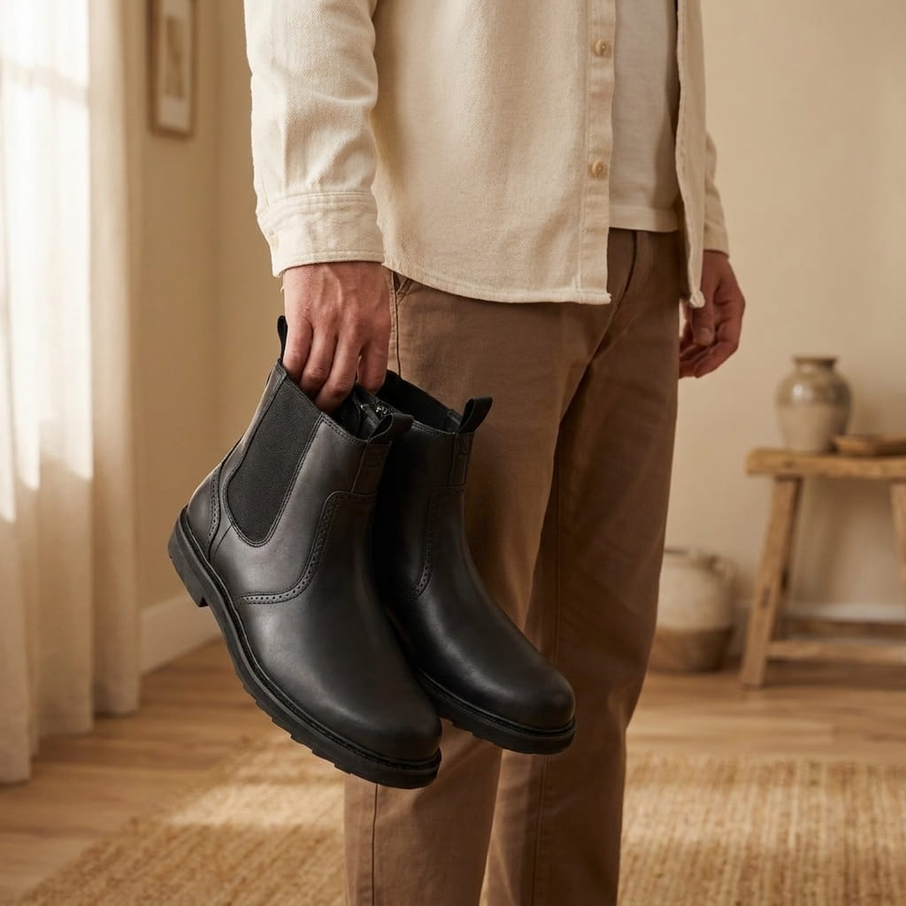 Person holding a pair of black Chelsea boots by the pull tabs indoors.