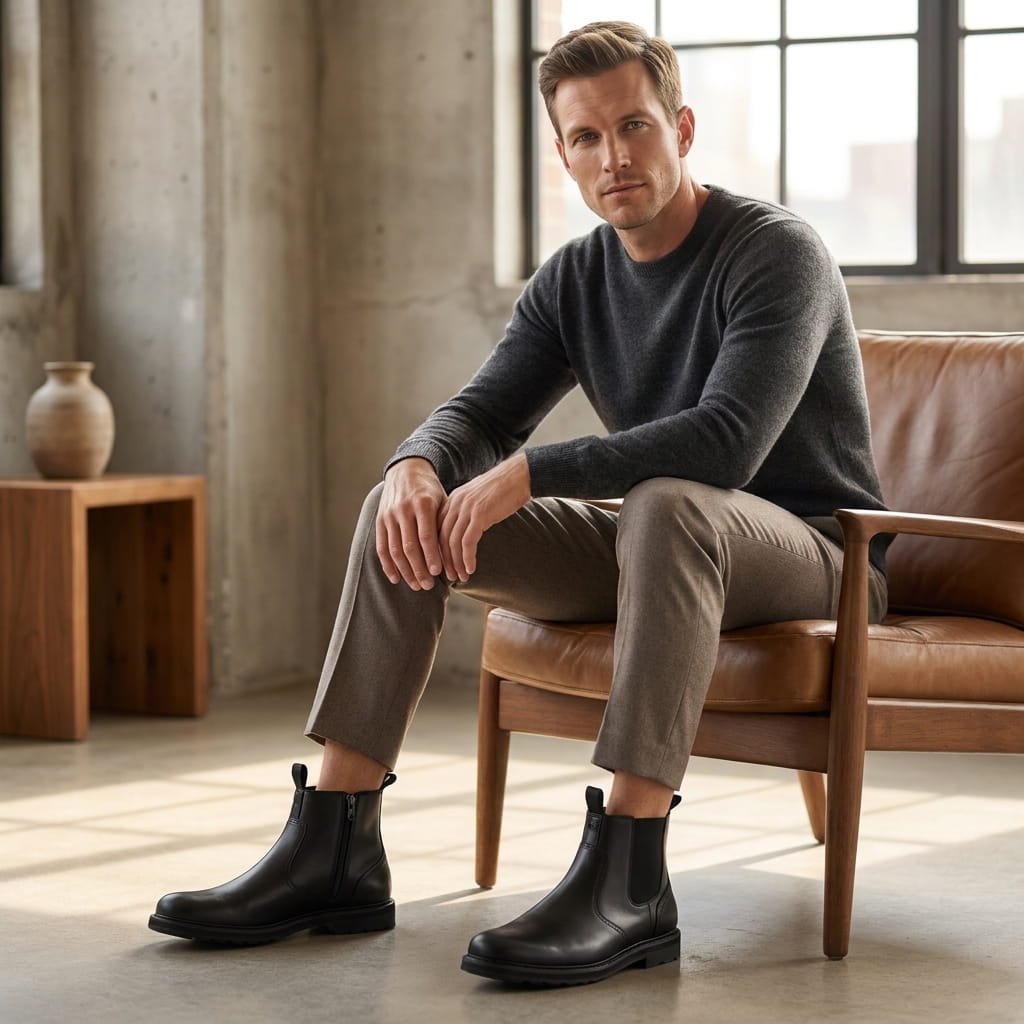 Man wearing black Chelsea boots while seated indoors, showing the side profile and low-profile sole.