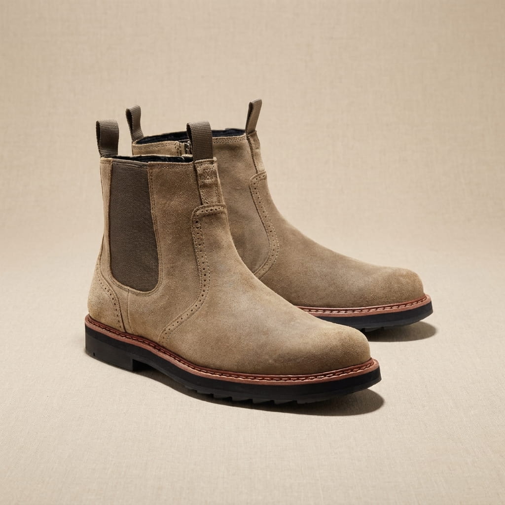 Pair of tan suede Chelsea boots displayed together, showing the elastic side panels and pull tabs.