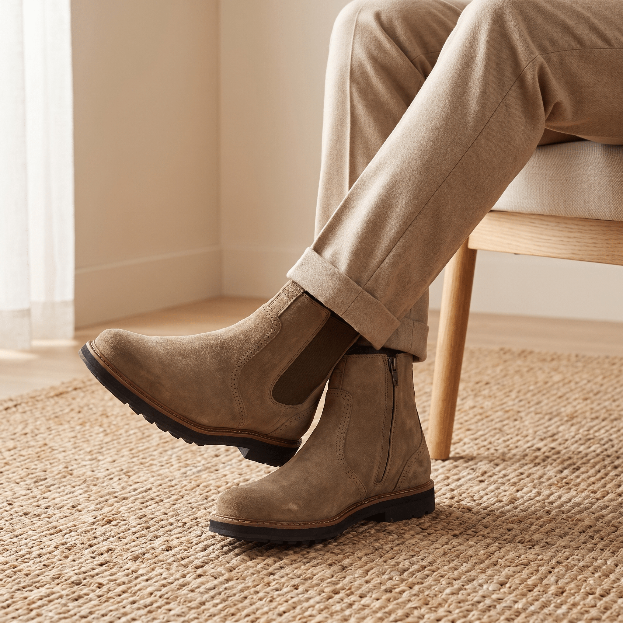 Close-up view of the tan suede Chelsea boots, featuring elastic side panels, pull tabs, stitched detailing, and rugged rubber soles.