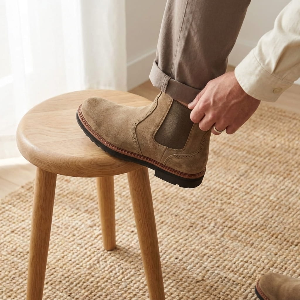 Person holding a tan Chelsea boot while seated indoors, highlighting the side profile and suede texture.