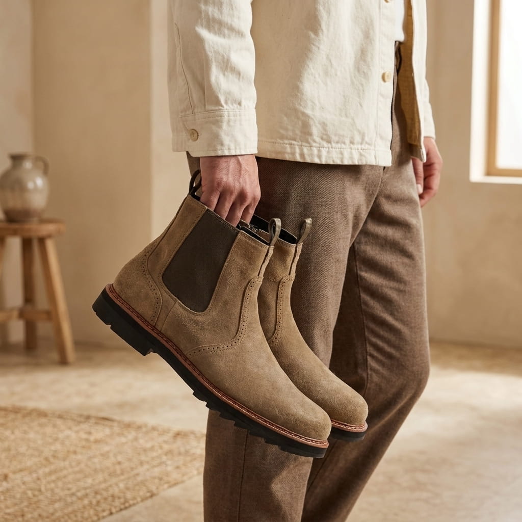 Person holding a pair of tan Chelsea boots by the pull tabs indoors.