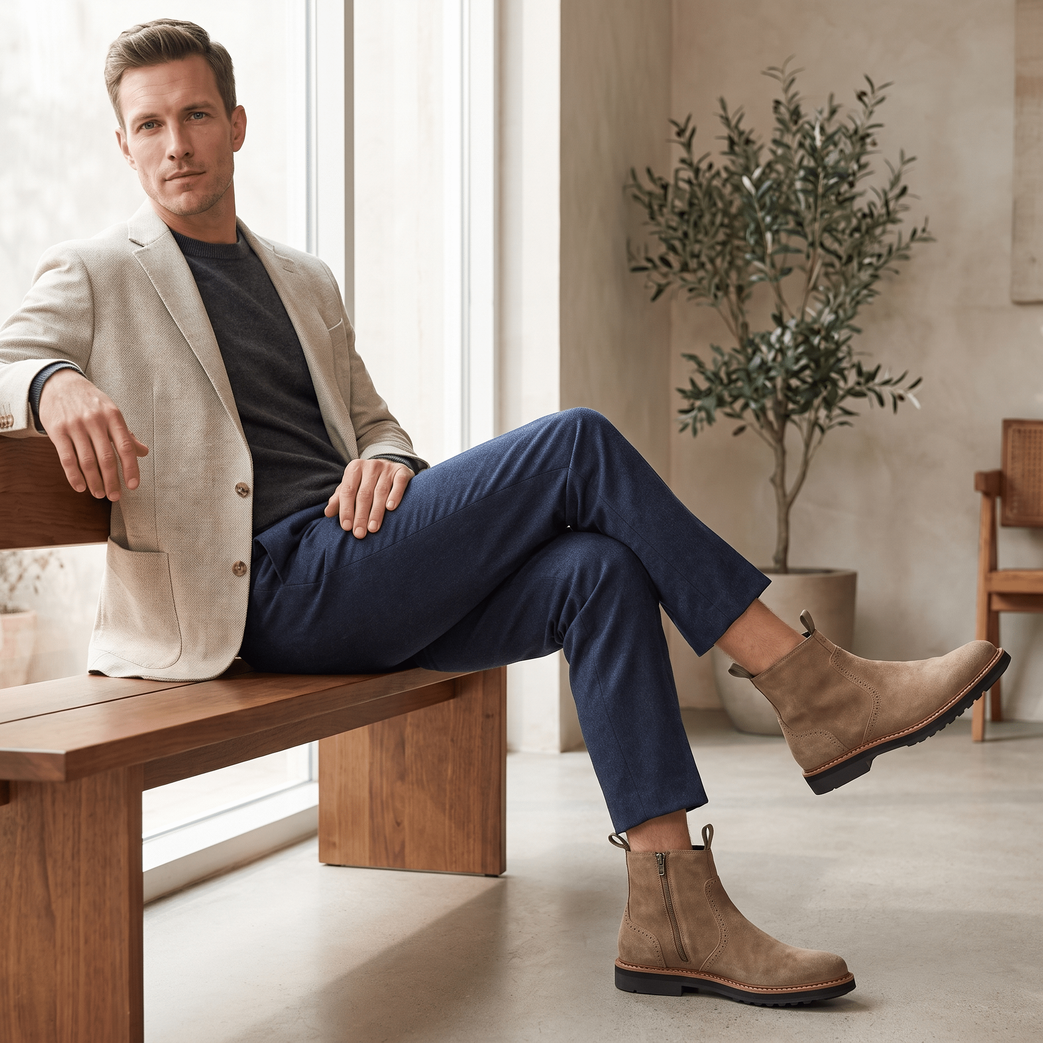 Male model seated on a wooden bench wearing a beige blazer, dark shirt, navy trousers, and tan suede Chelsea boots.