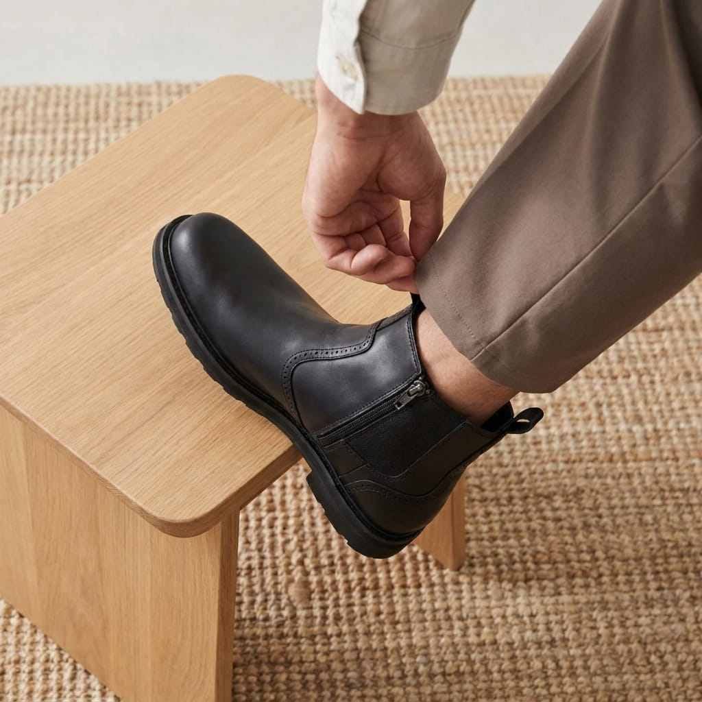 Person wearing black Chelsea boots while seated, showing the side profile and ankle fit.