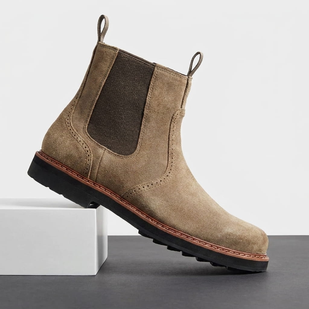 Tan suede Chelsea boot with a dark elastic side panel, rear pull tabs, stitched welt detailing, and rugged lug sole.
