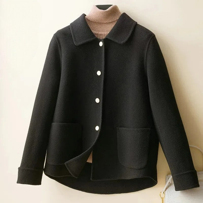 Liora Soft Wool Short Coat – Doll-Collar Snap-Button Patch-Pocket Outerwear