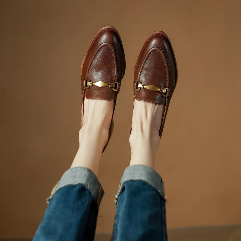 Cristy Women's Leather Heeled Loafers – Slip-On Dress Shoes with Gold Horsebit Accent