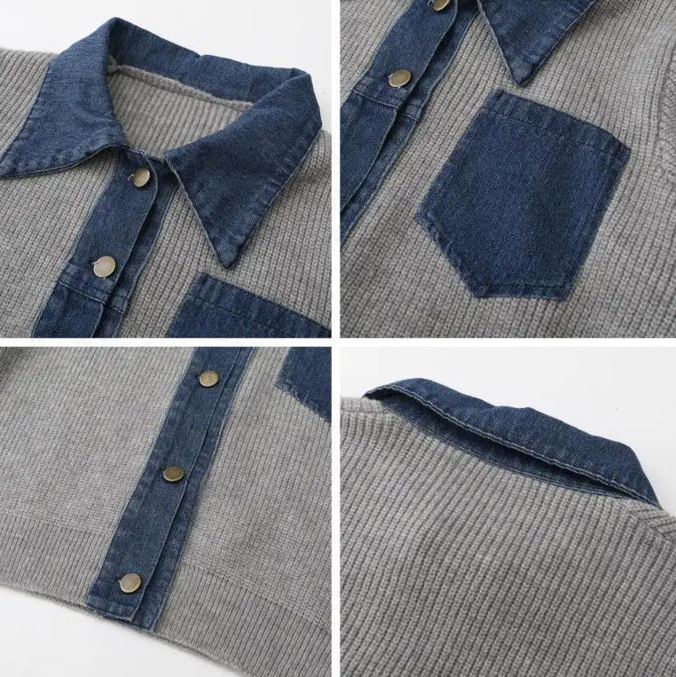Erin Women's Knit Pullover Sweater with Denim Trim