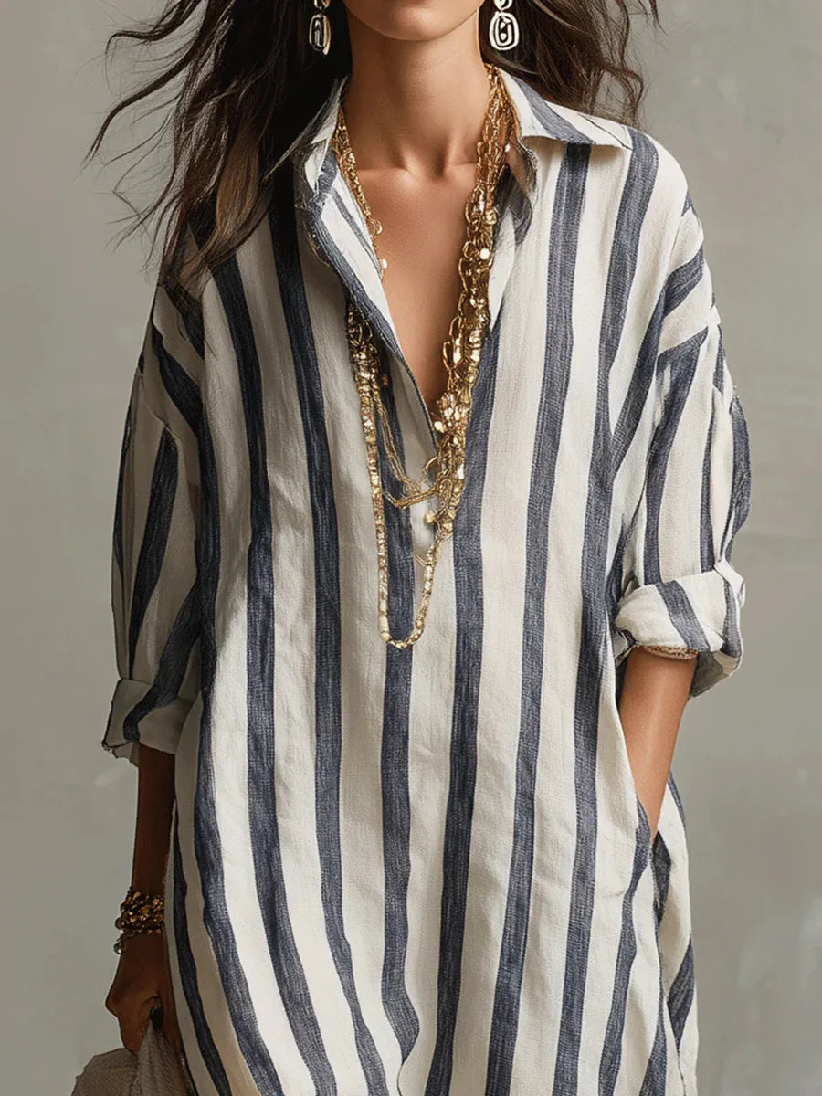 Celestine Linen Stripe Shirt Dress – V-Neck Casual Tunic Summer Midi Dress