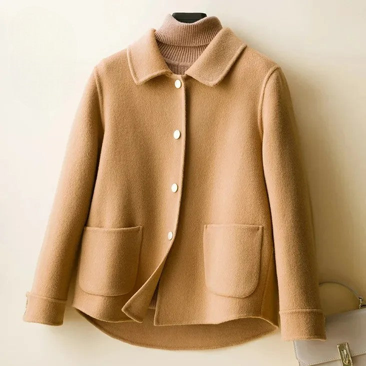 Liora Soft Wool Short Coat – Doll-Collar Snap-Button Patch-Pocket Outerwear