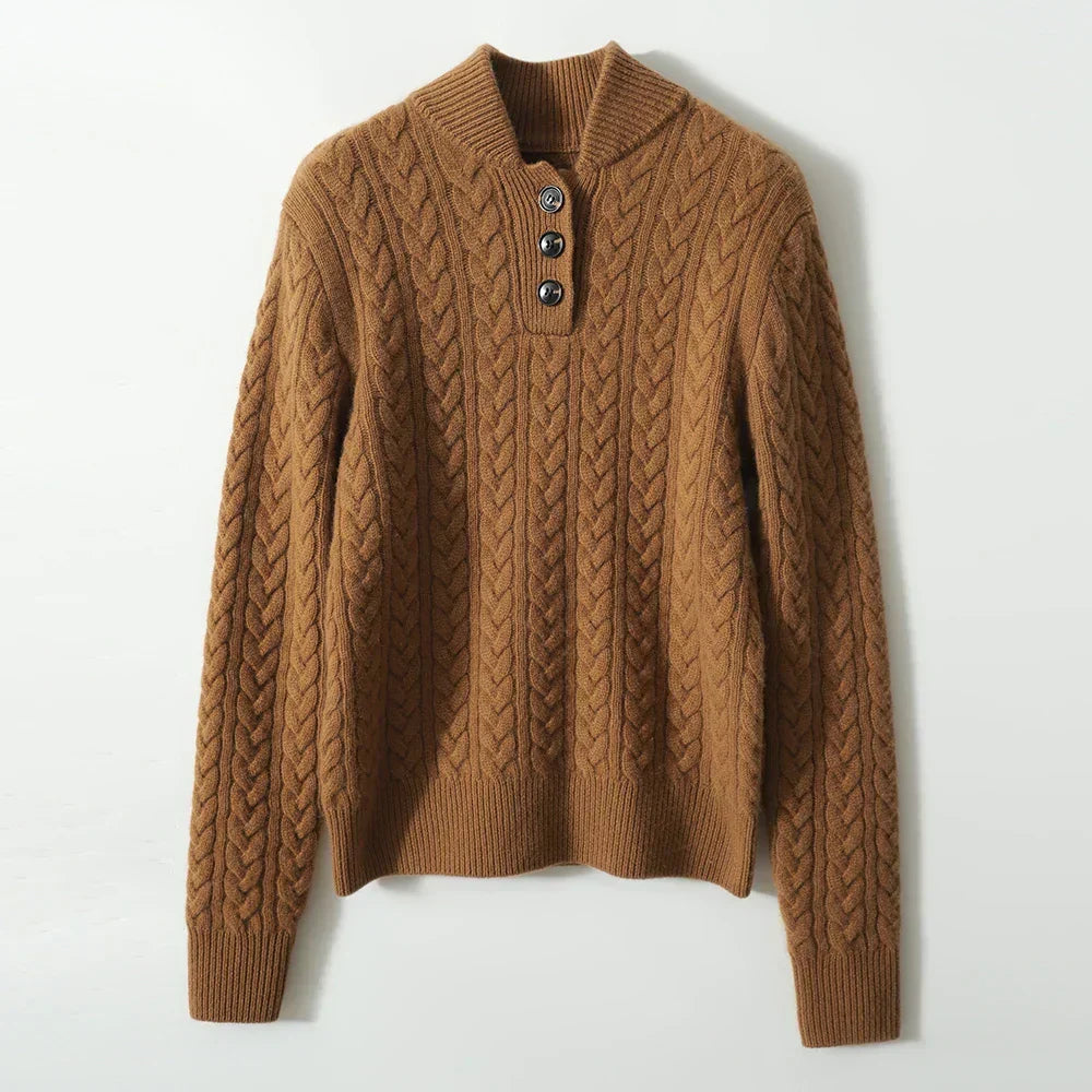Valeria Wool Blend Henley Sweater – Mock Neck Soft Relaxed Everyday Knitwear