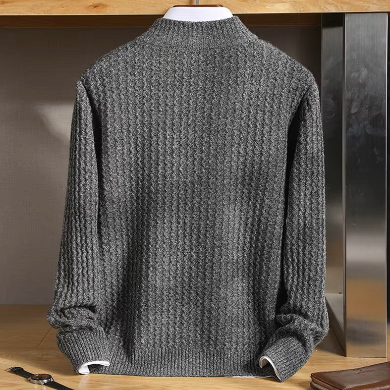 Esteban Men's Lightweight Merino Wool Zip Sweater with Waffle-Knit Texture